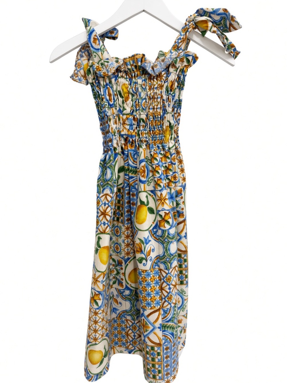 Girls Italian Majolica Tile & Lemon Print Smocked Tie-Shoulder Midi Sundress